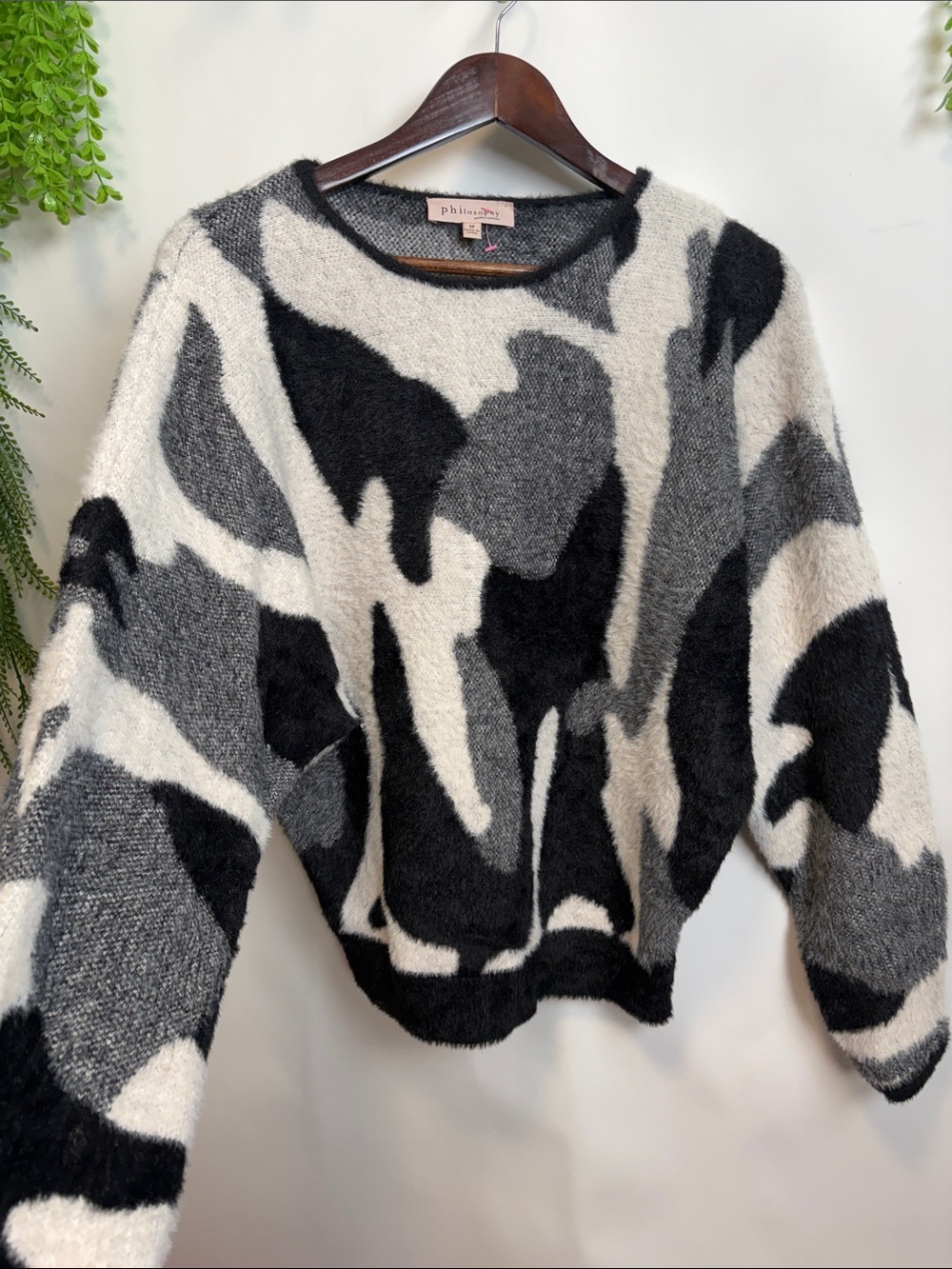 Philosophy Black Gray and Cream Abstract Fuzzy Crewneck Sweater